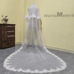 Vintage Wedding Lace Veil 2 Layer Ivory Lace Veil Cathedral Bridal White Lace Veil Tulle Veils