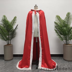 Vintage Wedding Faux Fur Cape, Fashion Bridal Warm Wrap, Christmas Hooded Cape, Red Satin Cape