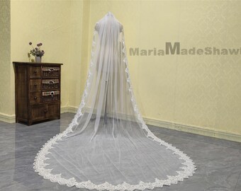 Elegant Bridal Lace Veil with Sequins Cathedral Length One Layer Sequin Lace Veil Vintage Wedding White Ivory Lace Veil with Comb