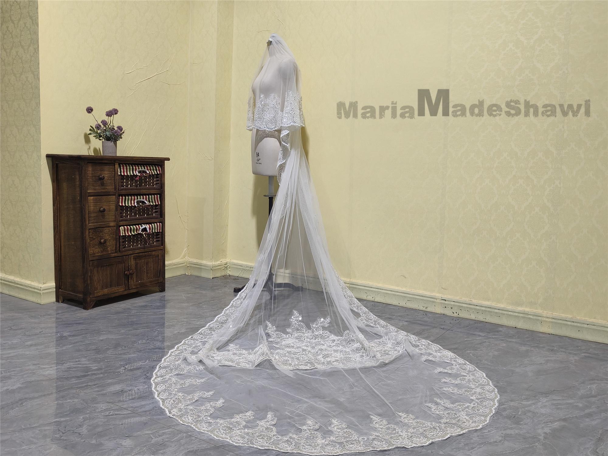 Elegant White Lace Sequined Wedding Veil White Ivory Sequin Lace Veil, Elegant Bride Sequin Lace Veil  main image 2