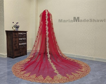 White Ivory Red Veil 1 Layer Gold Lace Veil Luxury Cathedral Wedding Veil Bridal Veil Chapel Veil