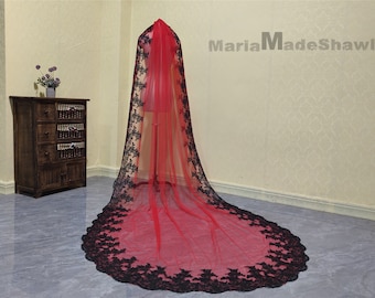 Simple Wedding Black Lace Veil, Red White Ivory Tulle Veil, Elegant Bridal Lace Veil, Cathedral One Layer Bridal Veil