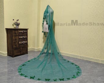 Wedding Veil Single Layer Green Veil Cathedral Wedding Butterfly Edge Veil Beautiful Bride One Drop Veil White Ivory Drape Veil