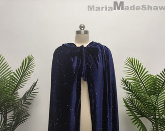 Medieval Wedding Velvet Cloak, Blue Sequin Velvet Cloak, Hooded Cloak, Bridal Warm Wrap, Christmas Cloak