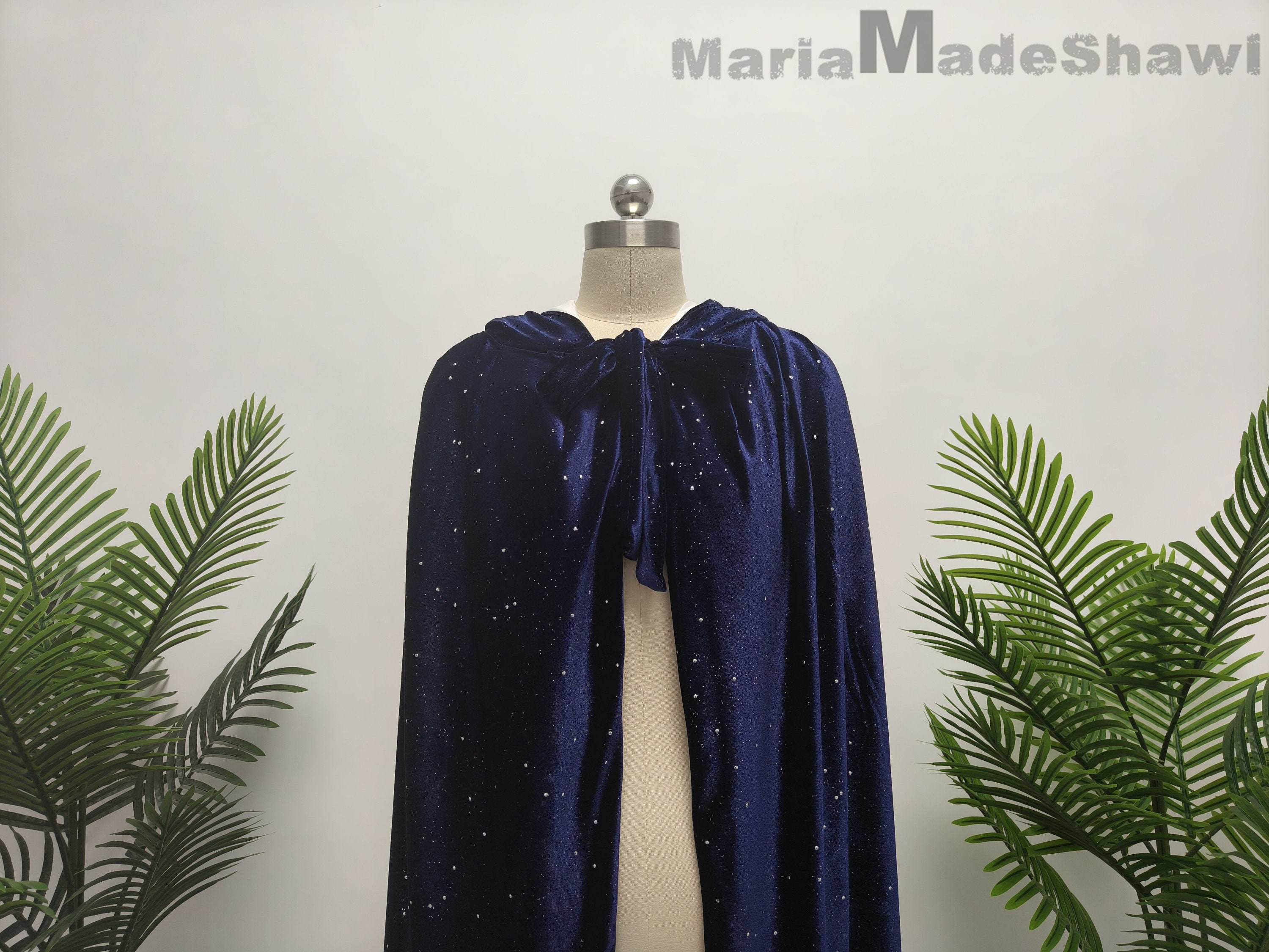 Medieval Wedding Velvet Cloak, Blue Sequin Velvet Cloak, Hooded Cloak, Bridal Warm Wrap, Christmas Cloak
