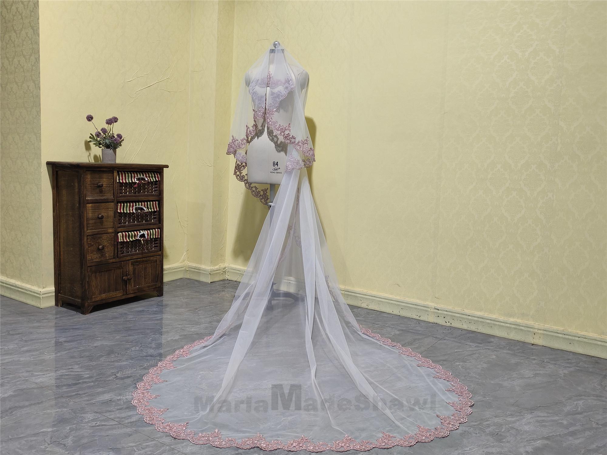 Unique Pink Lace Veil Cathedral Length One Layer Mantilla 