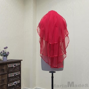Elegant Bridal Ribbon Edge Veil Red 3 Layer Ribbon Veil White Ivory Short Tulle Veil Wedding Veils