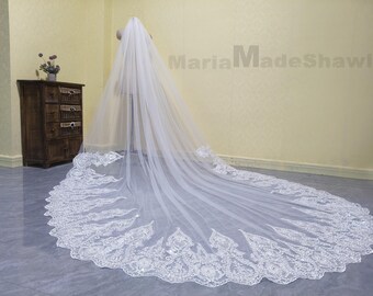 May include: A long white bridal veil with a delicate lace trim. The veil is made of soft tulle and has a cathedral length.