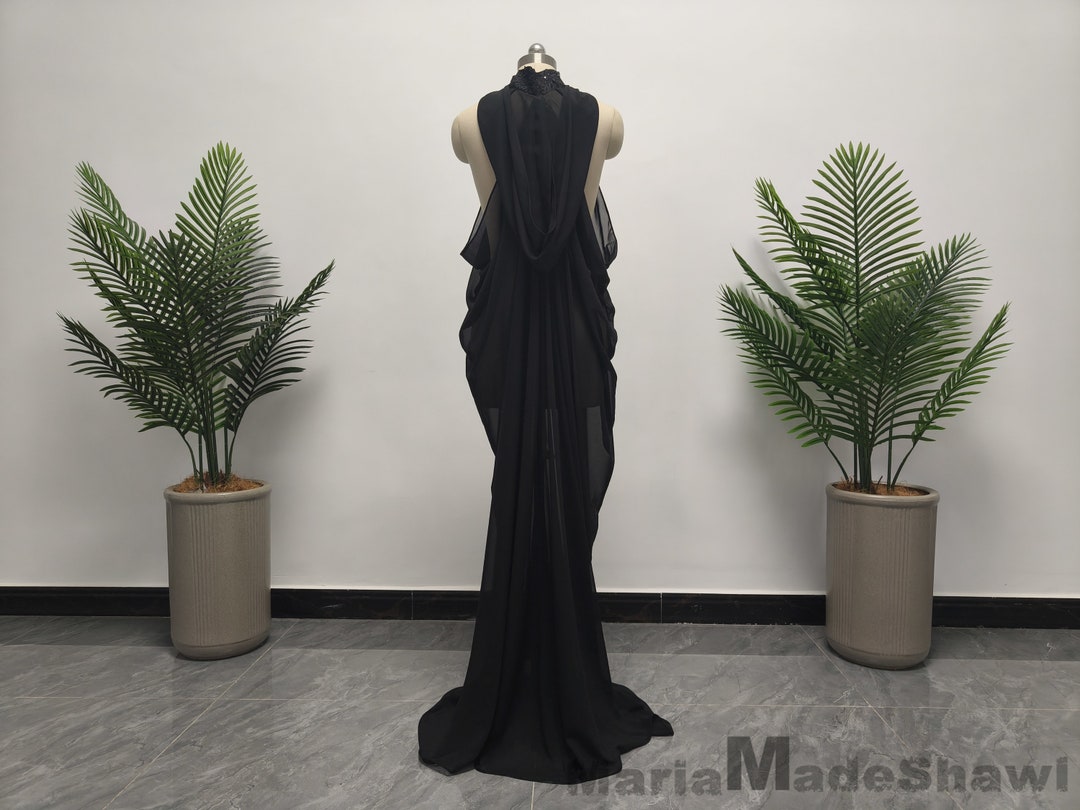 8739b Black Chiffon Cape Shimmer Dress