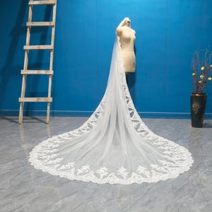 Cathedral wedding lace applique veil, white ivory and black lace veil, 1-layer lace veil