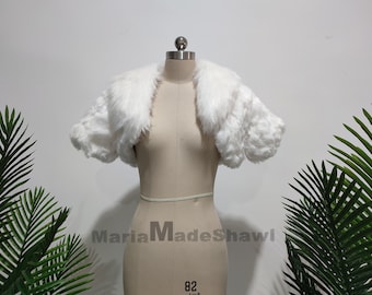 Winter Bolero Wedding Faux Fur Shawl, Delicate Bridal Warm Wrap, White Ivory Faux Fur Shawl, Party Jacket Coat