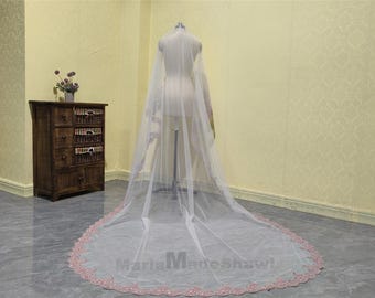 Unique Pink Lace Veil Cathedral Length One Layer Mantilla Veil Wedding White Ivory Lace Trim Veil Bridal Drape Veil