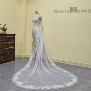 Cathedral Length Sequined Lace Veil, 1 Layer Ivory Lace Veil, Romantic Wedding White Lace Veil, Bridal Headpiece with Comb