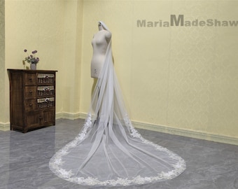 Cathedral Length Sequined Lace Veil, 1 Layer Ivory Lace Veil, Romantic Wedding White Lace Veil, Bridal Headpiece with Comb