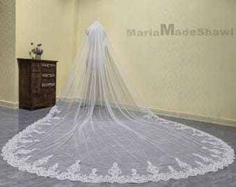 May include: A long, white bridal veil with a delicate lace trim. The veil is made of soft tulle and has a cathedral length.