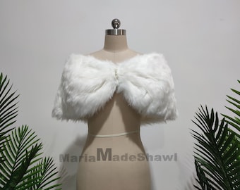 White Ivory Faux Fur Wedding Shrug, Romantic Wedding Bolero Faux Fur Shawl, Elegant Bridal Warm Wrap, Bridesmaid Shawl