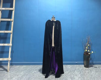 Gothic Wedding Cape Long Hooded Velvet Cape Black Velvet Purple Lining Cloak Halloween Hooded Cloak
