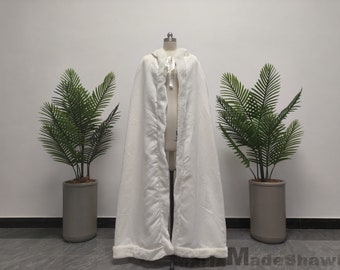 Elegant Bridal Faux Fur Hooded Cape, Medieval Wedding Cape, White Ivory Faux Fur Cape, Bolero Long Cape