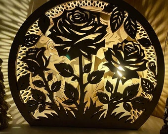 Laser cut flowers lamp light night svg template Flowers candle holder Table lamp dxf template Glowforge wooden summer flowers lantern svg
