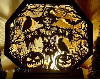 Halloween scene of Halloween scarecrow Laser Halloween Lantern Tealight Holder Haunted Scene Lamp Laser Cut Digital Download