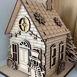 Winter Wonderland Miniaturhaus - verschneite Szene Laserschneiden Digitaler Download, Weihnachtsdorf mit Baum und Schneemann mit Hirsch