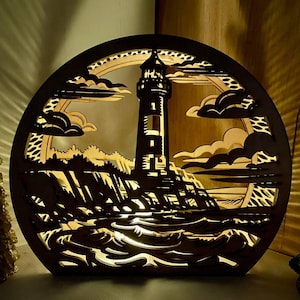 Lanterna de corte a laser 3D Farol com suporte de vela costeira Luz noturna Download digital