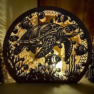 3D Leuchte Unterwasser Laser cut Nachtlicht Digital Download Laterne mit Fisch, Schildkröte & Koralle Teelichthalter