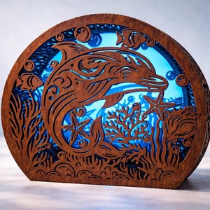 May include: A wooden, semi-circular decorative lamp featuring a dolphin design. The lamp has a brown wooden frame with cut-out details of marine life, including a dolphin, fish, starfish, and coral, with a blue background.