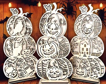Halloween Stacked Pumpkins svg, Pumpkin Halloween decor template svg, Halloween Laser Cut Files, Glowforge svg files, Halloween scene svg