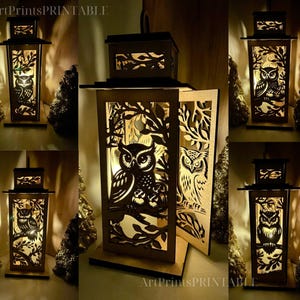 Lanterna Tealight Gufo Lampada di Natale - Scena Forestale Taglio Laser Woodland Download Digitale Portacandele Tealight Lampada Notturna