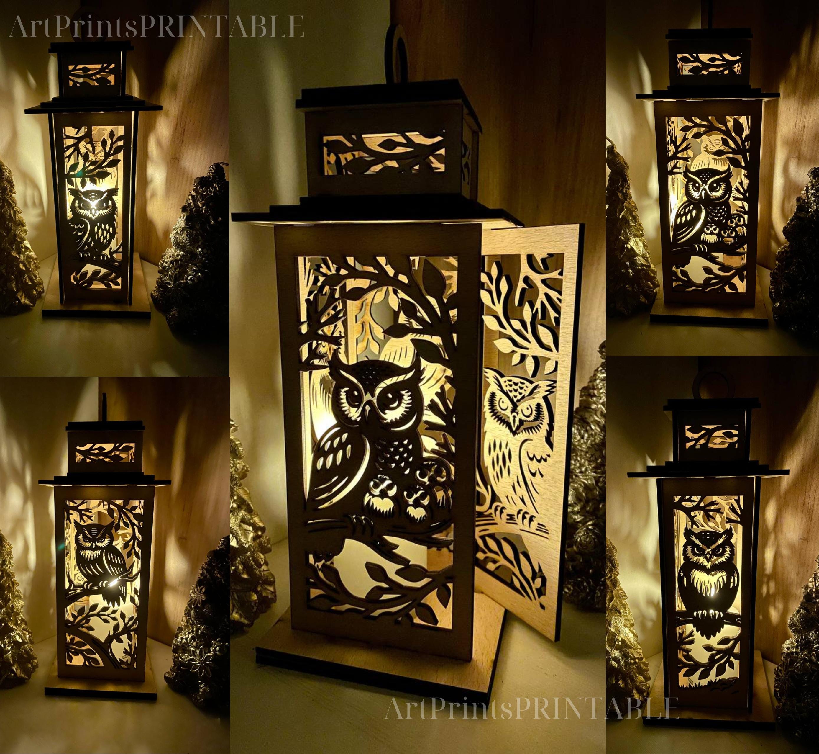 Christmas Lamp Owl Tealight Lantern - Woodland Laser Cut Forest Scene Digital Download Tealight Cand
