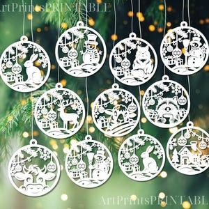 Pet Lovers New Year 3D Ornament Set - Farm Animal Laser Cut Digital Download Christmas Tree Decorations with Snowy Scene