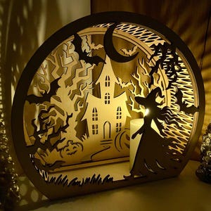 House Ghosts Bats Spooky Halloween Lantern Tealight Holder Haunted Scene Lamp Laser Cut Digital Download