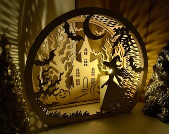 House Ghosts Bats Spooky Halloween Lantern Tealight Holder Haunted Scene Lamp Laser Cut Digital Download