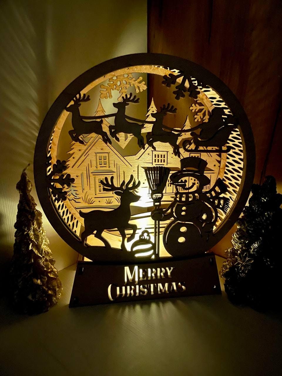 Scene Christmas Lantern Laser Cut Lamp Snowy Candle Holder, Winter Wonderland Decoration Night Light Christmas Decor Laser