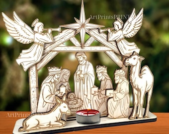 May include: Wooden nativity scene with angels, star, and figures of the Holy Family and the Three Wise Men. A candle holder is in the center. The text "ArtPrintsPRINTABLE" is at the top and bottom.
