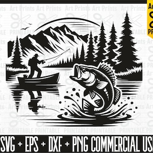May include: Black and white silhouette illustration of a fisherman in a boat with a large fish jumping out of the water. The scene is set in a lake with mountains in the background and trees on the shore.
