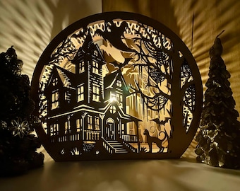 Tree House Bats Spooky Halloween Lantern Tealight Holder Haunted Scene Lamp Laser Cut Digital Download