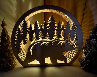 3D Laser cut Lantern Forest landscape with a bear Candle Holder Night Light Digital Download,Forest Scene Candle Holder with Bear Tree