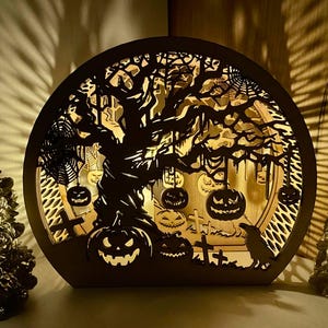Tree Ghosts Bats Spooky Halloween Lantern Tealight Holder Haunted Scene Lamp Laser Cut Digital Download
