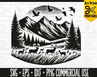 Flock of Deer, Mountain Landscape SVG, Mountain Forest PNG, Mountain Stream SVG, Deer Forest File, Deer Vector Graphics Digital Download