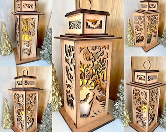 Halloween Lantern  Spooky Scene Lamp Laser Cut Digital Download Tealight Holder Haunted House Ghosts Bats