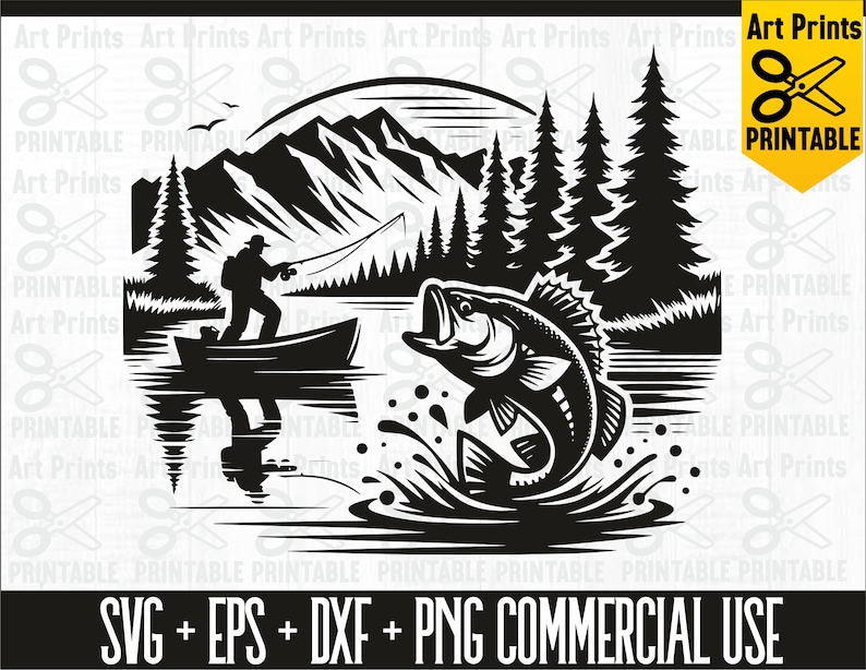 May include: Black and white silhouette illustration of a fisherman in a boat with a large fish jumping out of the water. The scene is set in a lake with mountains in the background and trees on the shore.