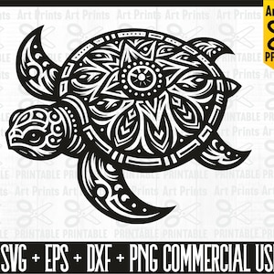 Puede incluir: Silueta en blanco y negro de una tortuga estilizada con un diseño de mandala en su caparazón. La tortuga está mirando hacia la derecha y tiene un patrón detallado e intrincado en todo su cuerpo.