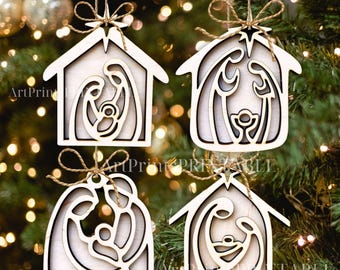 Adornos navideños de la Natividad SVG, Sagrada Familia Svg, Adornos religiosos Svg, Archivo cortado con láser, Escena de la Natividad Svg, Archivo Glowforge navideño