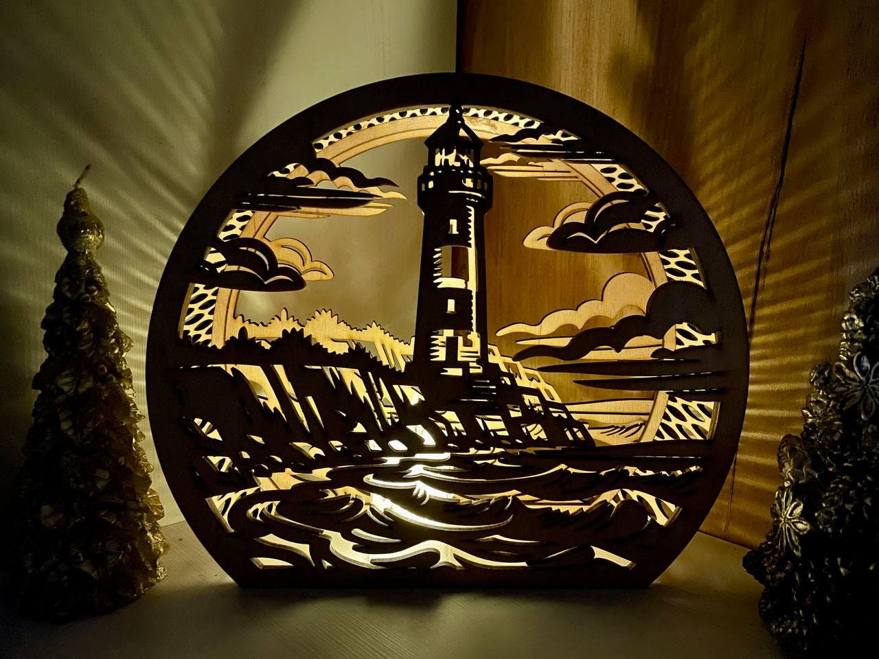 3D  Laser cut Lantern Lighthouse with coast Candle Holder Night Light Digital Download