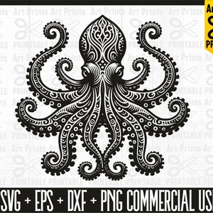 Op de afbeelding: Een ingewikkeld zwart-wit ontwerp van een octopus met draaiende tentakels. Het ontwerp is gedetailleerd en sierlijk, met een paisley-achtig patroon. De octopus kijkt naar voren met zijn tentakels uitgespreid.