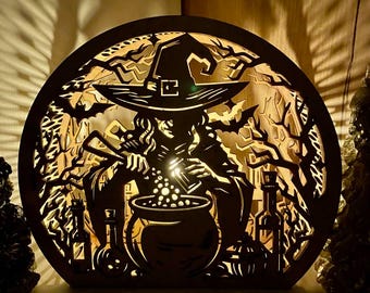 Tree Witch Bats Spooky Halloween Lantern Tealight Holder Haunted Scene Lamp Laser Cut Digital Download