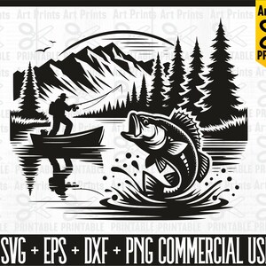 May include: Black and white silhouette illustration of a fisherman in a boat with a large fish jumping out of the water. The scene is set in a lake with mountains in the background and trees on the shore.