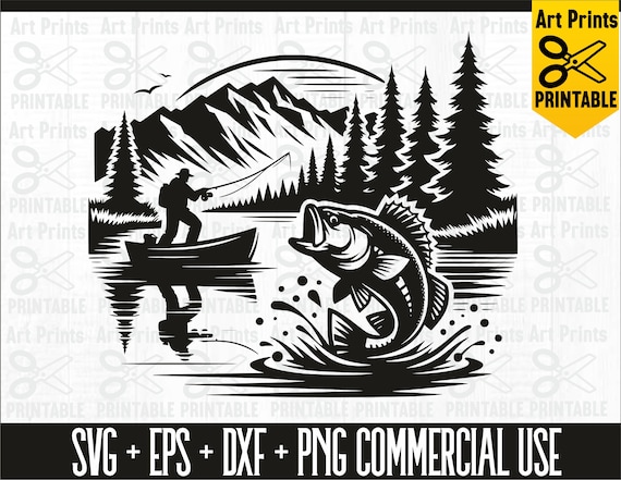 Fisherman in a boat and mountain landscape with forest, Bass Boat, Gone Fishing, Bundle svg. Cut files for Cricut svg, pdf, png, dxf